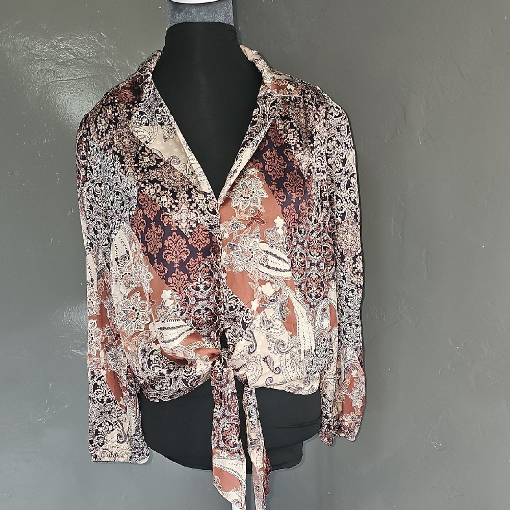 Elegant Paisley Tie-Front Blouse